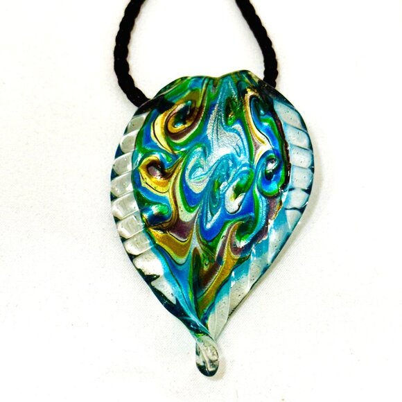 Art Glass Leaf Pendant/Necklace Peacock Feather/Swirl Pattern - Picture 2 of 5